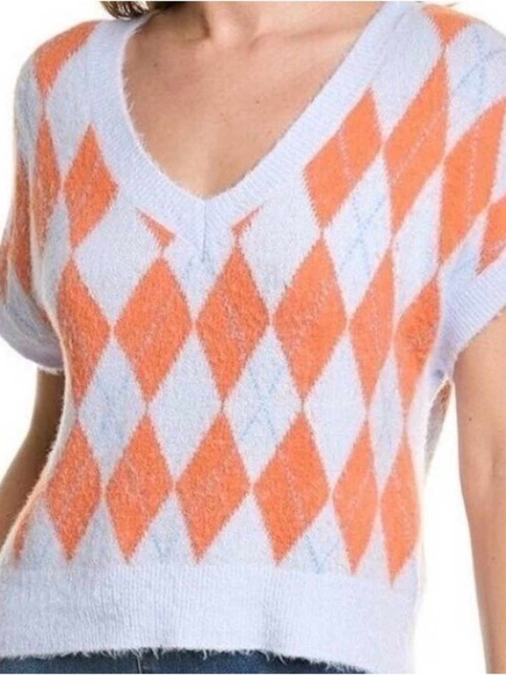 Free People Light Blue & Coral V-Neck Mohair Blend Sweater